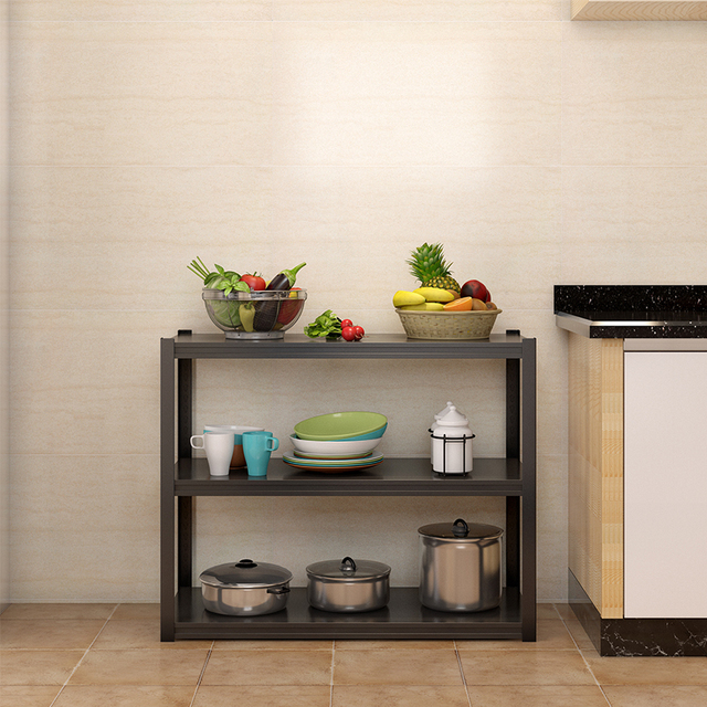 厨房置物架收纳储物架家用落地三层黑色客厅锅具微波炉电器小架子