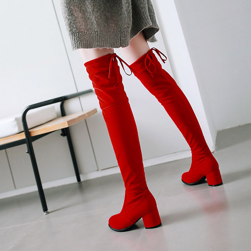 红色绒面圆头后系带高跟过膝长靴女冬季绒里二棉靴长筒时装靴子