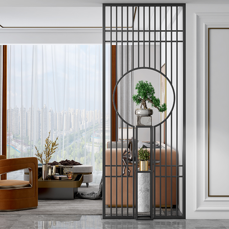 新中式入户屏风隔断客厅镂空简约现代金属格栅轻奢玄关不锈钢花格
