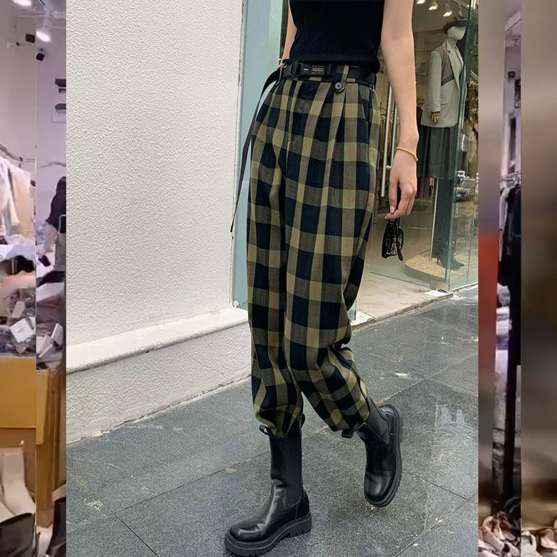 xxq欧洲站格格裤女人格子裤韩版哈伦花裤九分裤休闲裤韩国高腰裤