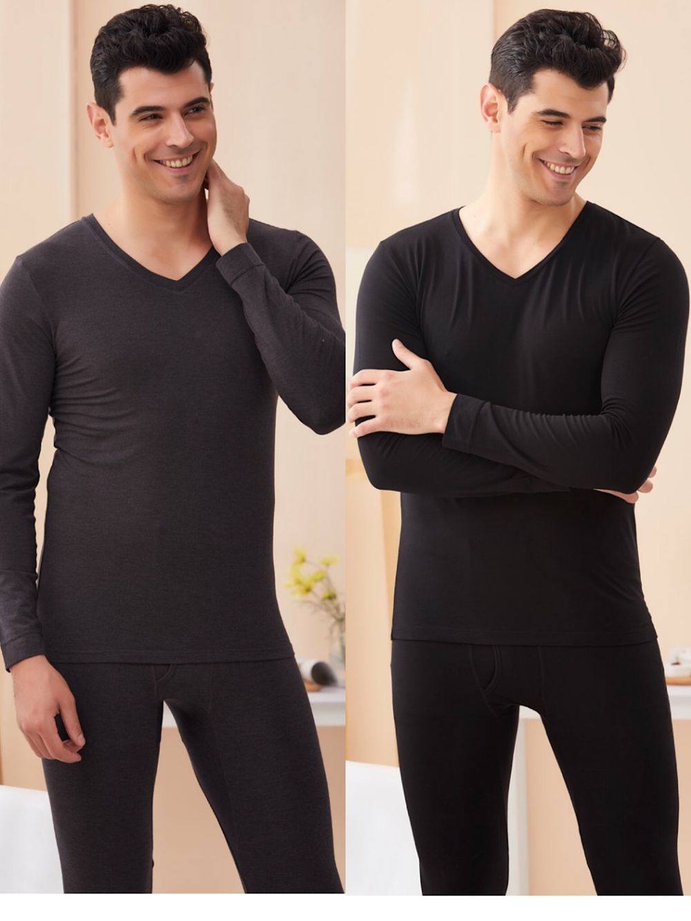 三嘉内衣男士衬衣衬裤黑色v领特价发热秋衣秋裤线衣线裤套装40060
