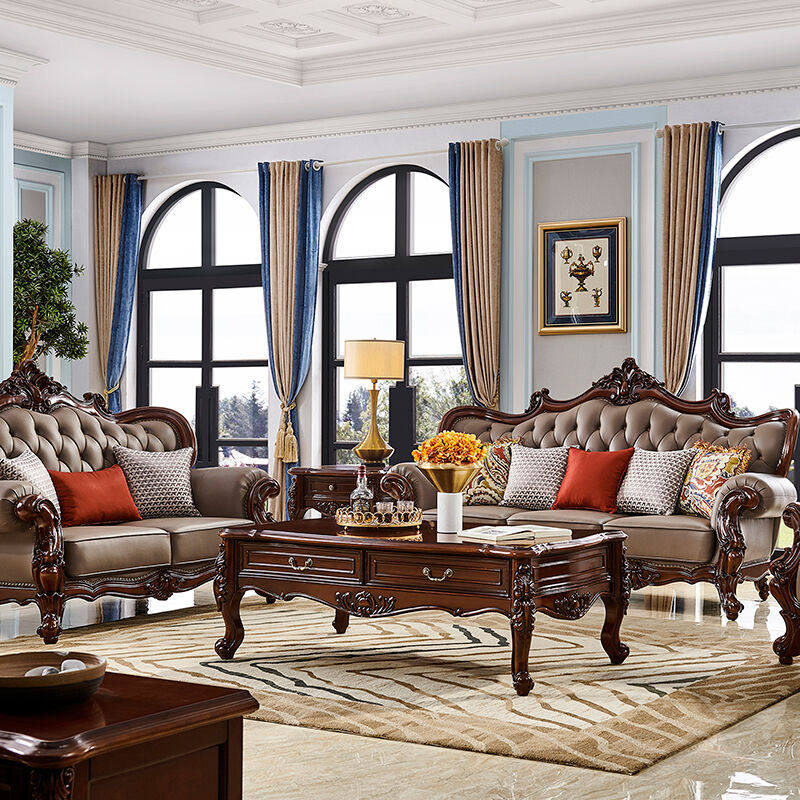 辰斯全实木沙发组合美式真皮沙发欧式沙发头层牛皮大户型别墅家具
