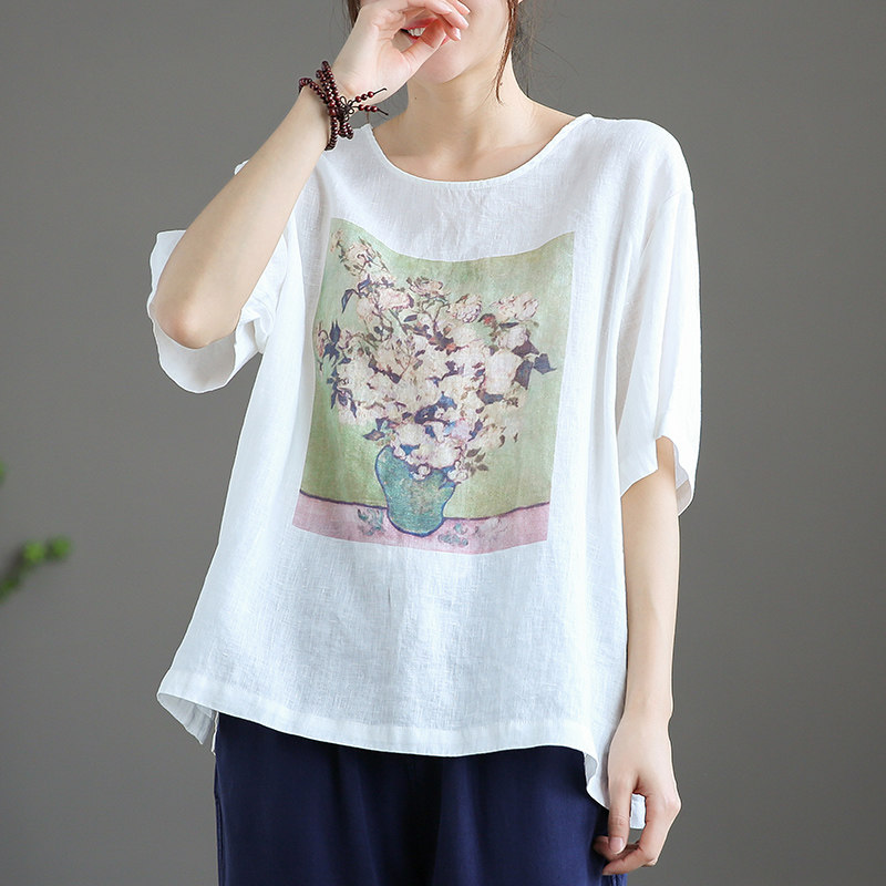 dza高端亚麻短袖t恤女士2021夏季新宽松大码棉麻上衣薄款打底衫