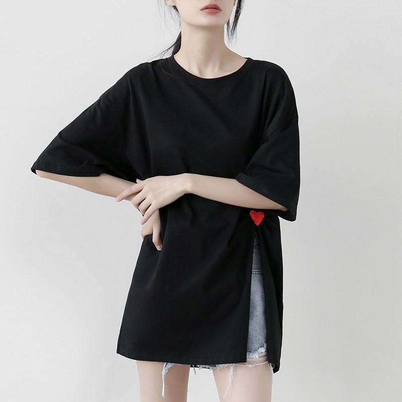 长款黑色开叉t恤女夏短袖纯棉设计感小众上衣宽松单分叉不规则t桖