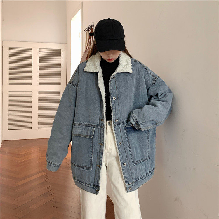 实拍实价~冬款加厚大口袋羊羔毛牛仔外套女学生宽松加绒棉衣棉服