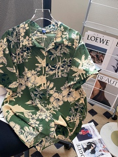 墨绿色他泰国花衬衫男短袖潮牌vintage巴洛克外套夏威夷沙滩衬衣