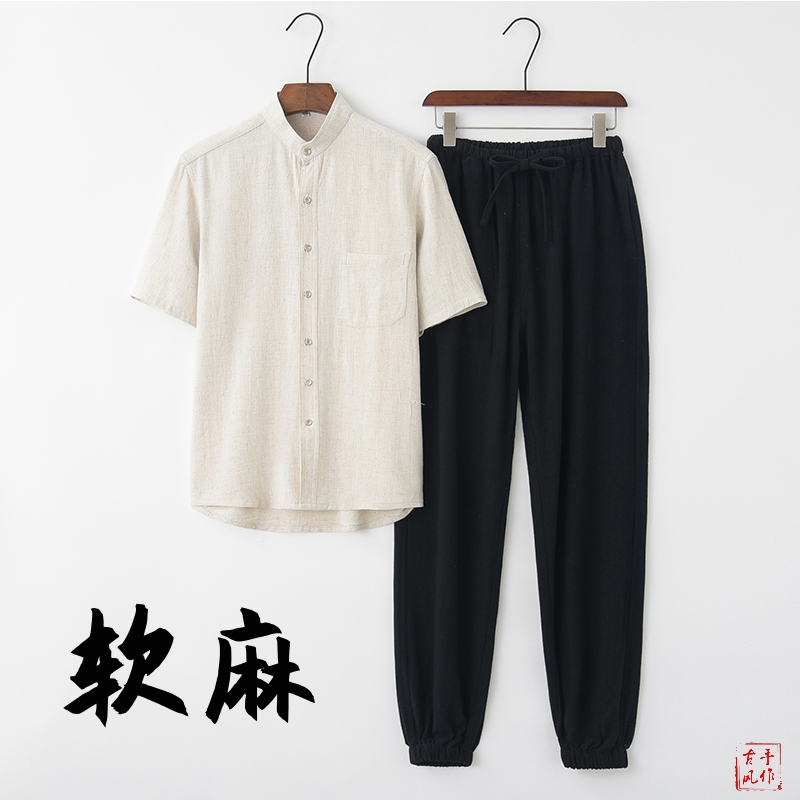 夏季短袖男新中式棉麻短袖缩腿裤套装