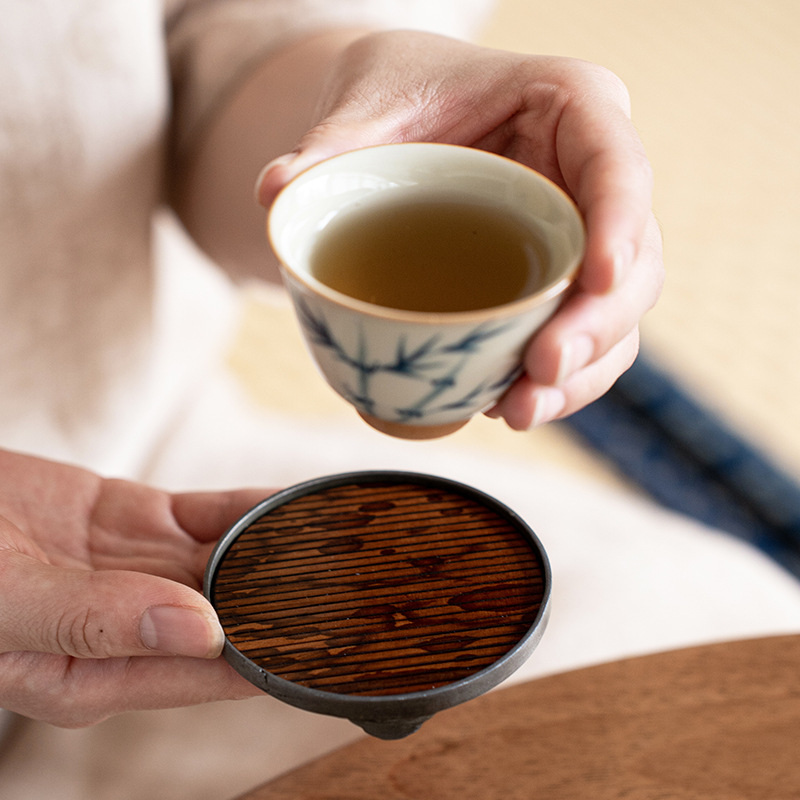 磐皿｜湘妃梅鹿竹圆形锡合金杯垫茶垫仿古茶杯托隔热垫茶道配件