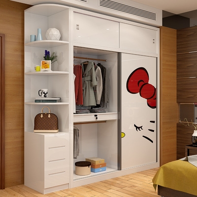 高档儿童衣柜推拉门简约现代女孩卧室实木质趟门大衣橱2门组装收