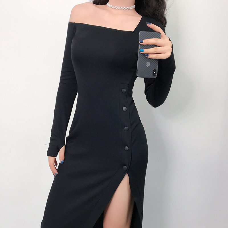 侧开叉长裙连衣裙