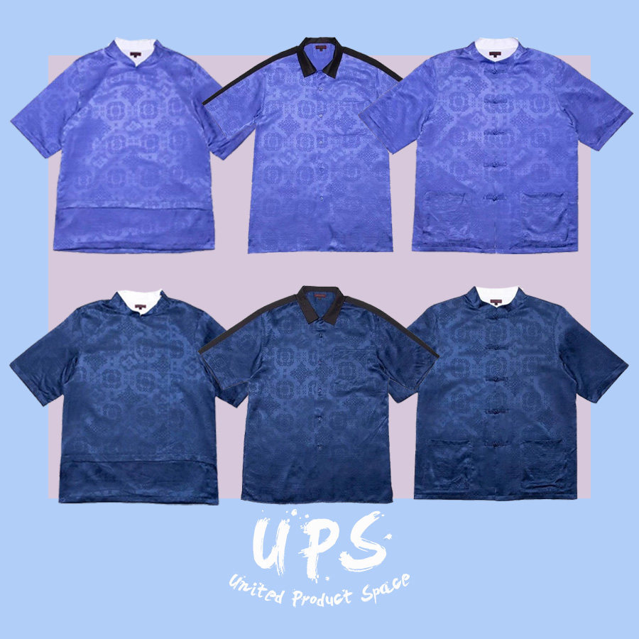 一折clot 衬衫_【ups】clot香港限定中国风 蓝丝绸唐装盘扣短袖衬衫