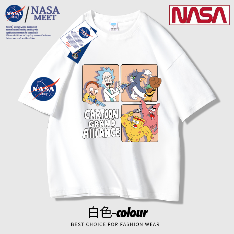 NASA联名款卡通趣味重磅短袖t恤男女同款时尚运动半袖纯棉圆领T恤