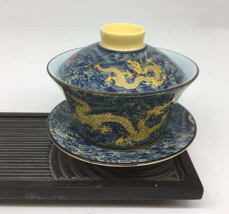 建窑茶具台湾陶瓷茶具红黄金龙精品三件盖碗 茶碗礼品茶具大小号