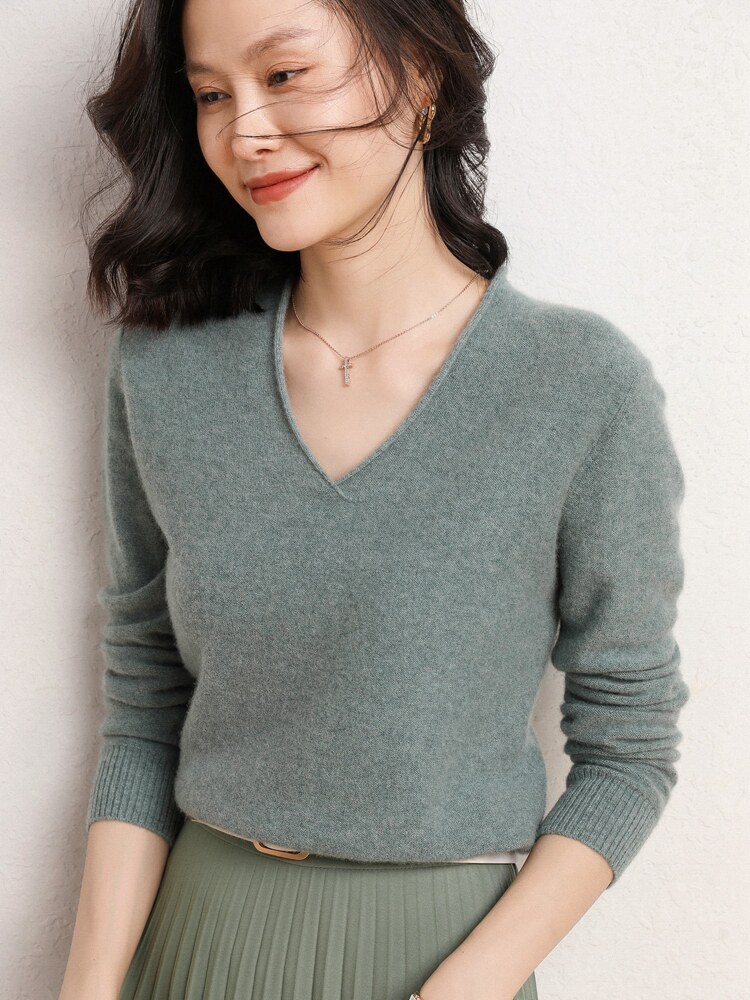 2021秋冬新款羊绒衫女薄款打底v领毛衣短款修身羊毛针织衫鸡心领