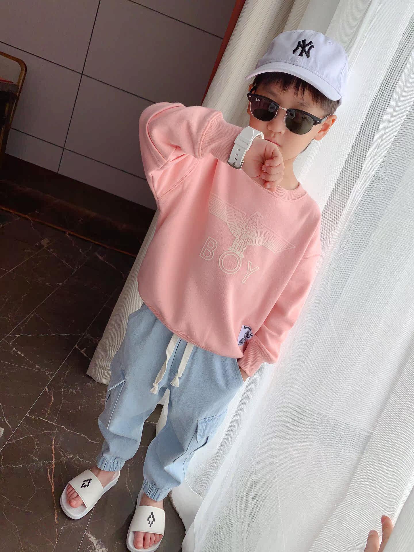 boy外套男童 潮牌_2020春秋新款日韩boy潮牌男女尔儿童装粉色刺绣卫衣