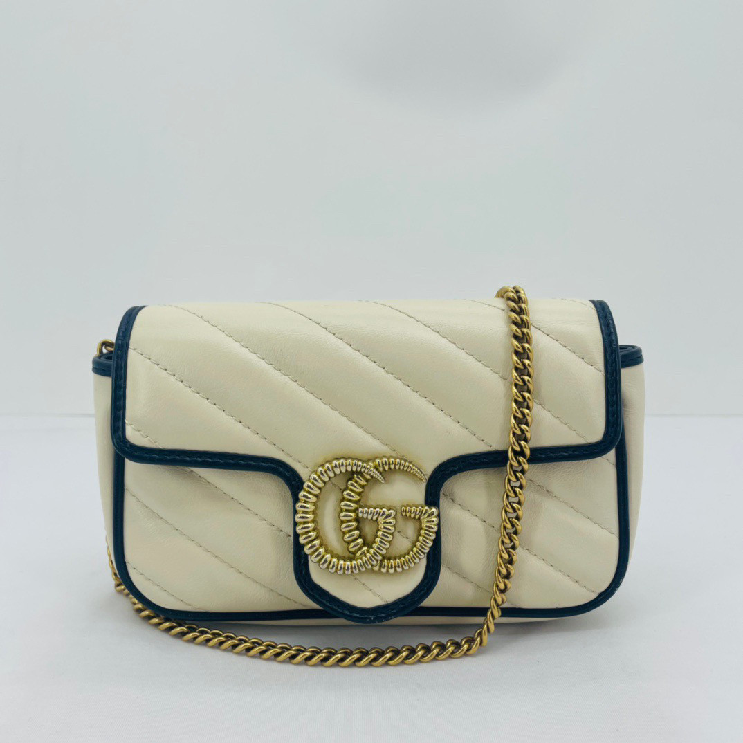 二手96新gucci古驰gg marmont马蒙拼色滚边绗缝皮革链条单肩包