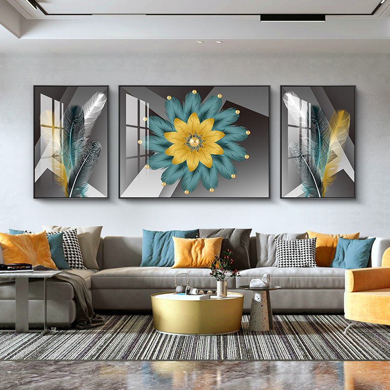 客厅装饰画现代轻奢沙发背景墙挂画大气羽毛晶瓷三联画抽象壁画