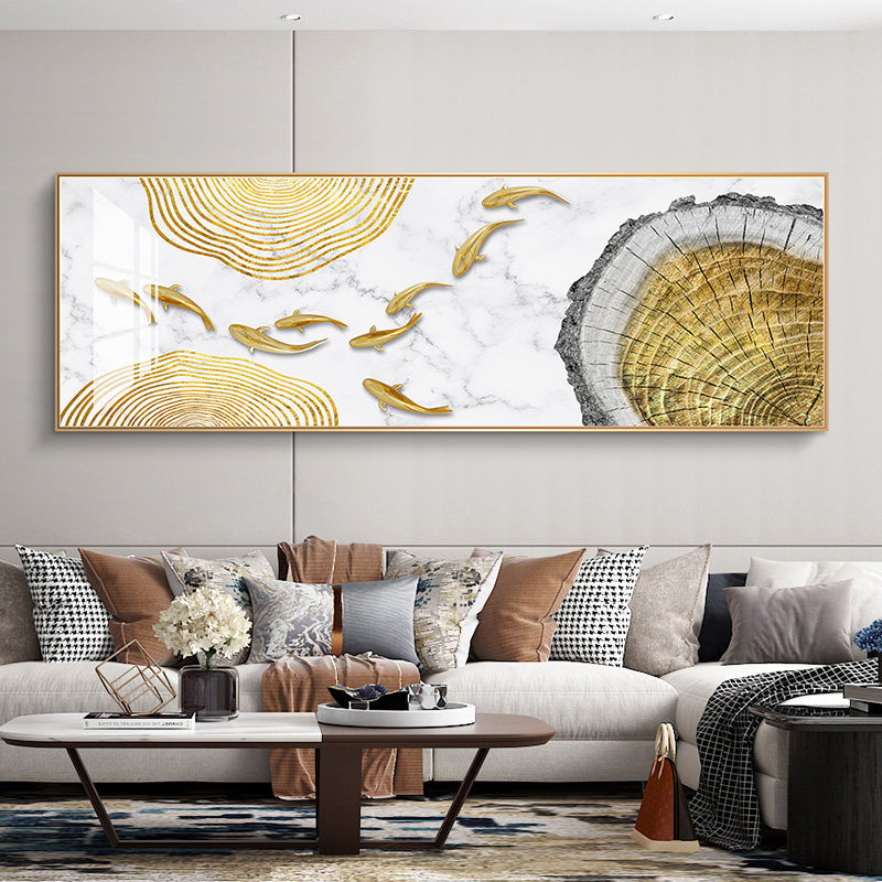 九鱼聚财新中式客厅装饰画轻奢抽象沙发背景墙横版卧室大厅墙壁画