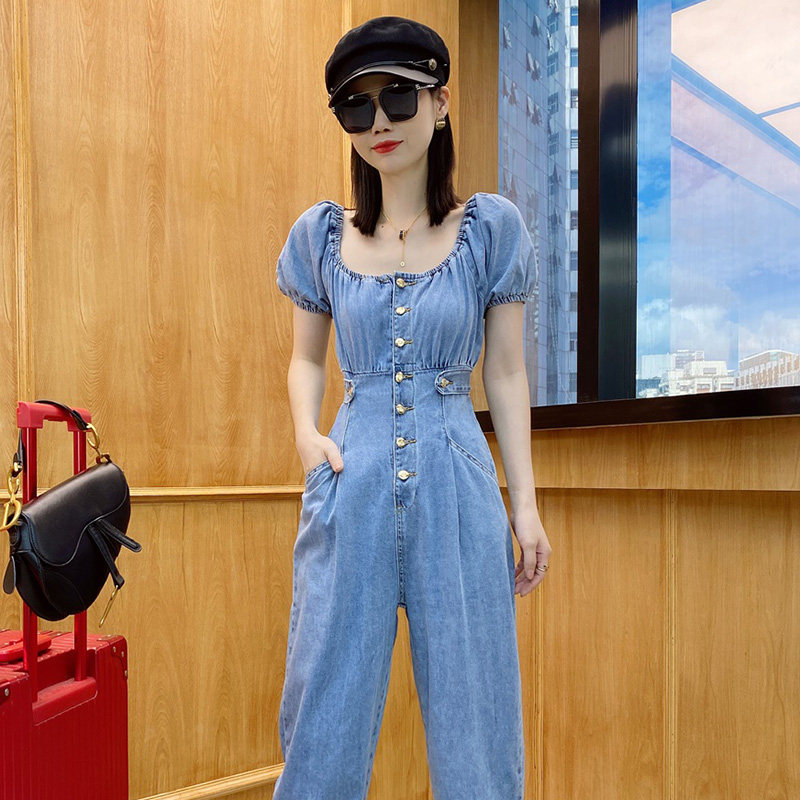 收腰牛仔连体裤女夏欧洲站2020新款高腰显瘦薄款一字肩连衣裤套装