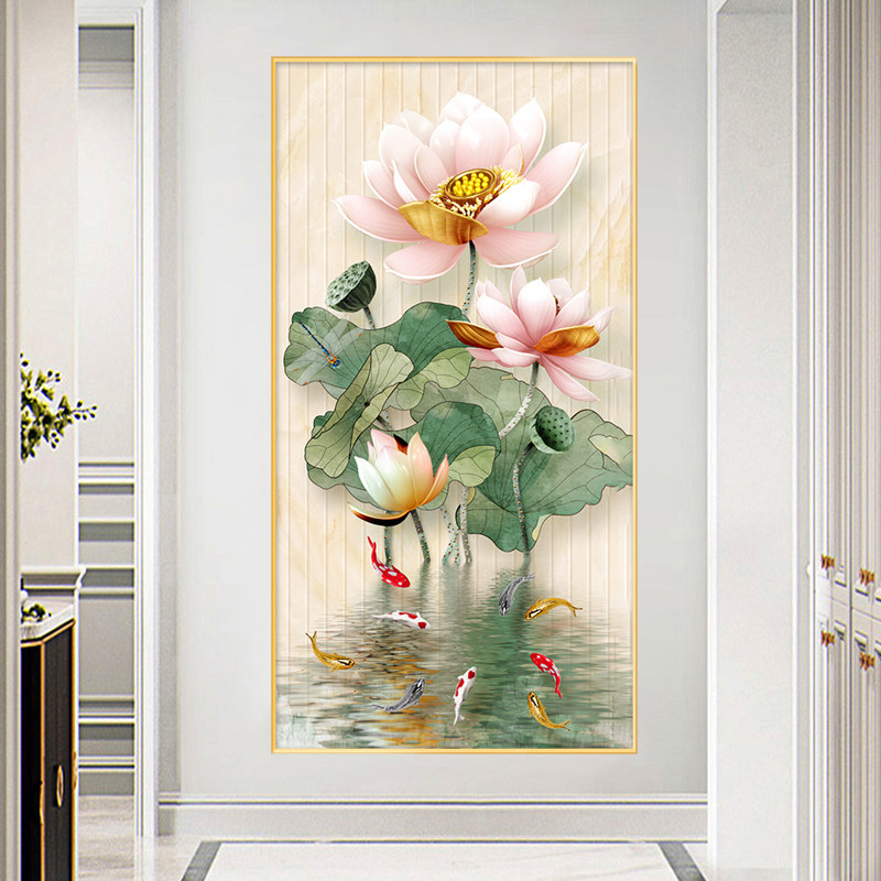 中式5d钻石画满钻新款客厅走廊玄关荷花九鱼图点贴钻十字绣钻石绣