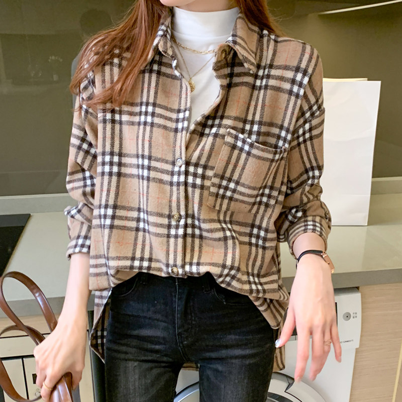 英伦风格子衬衫女复古港味秋冬长袖宽松毛呢百搭气质衬衣休闲外套