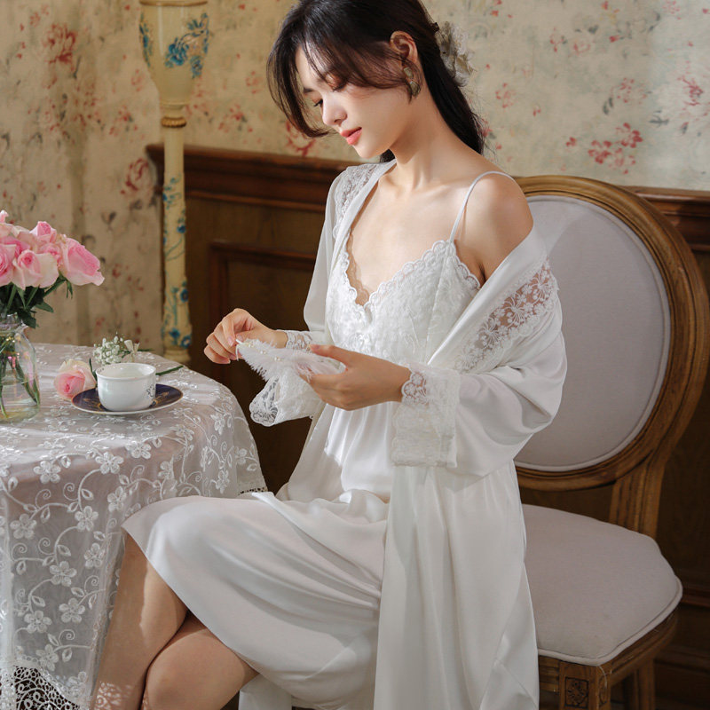 长袖睡袍女仿真丝睡裙两件套宫廷复古风睡衣胸垫外穿家居服套装秋
