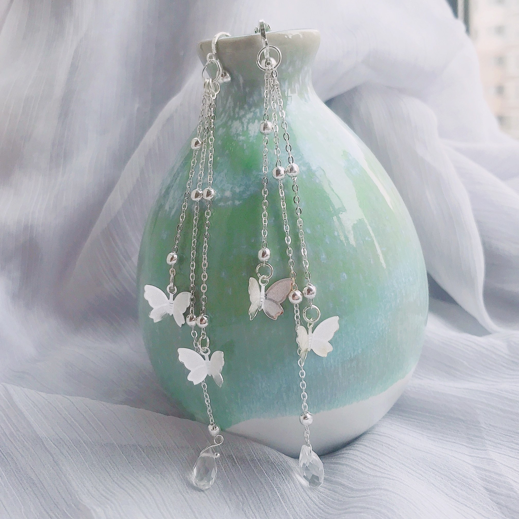 千蝶.汉服耳夹耳环蝴蝶流苏仙女汉服配饰古风无孔耳坠民族风首饰-mc母