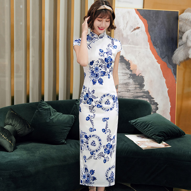 年轻款长款青花瓷旗袍夏天日常可穿中国风国潮传统优雅女士祺袍裙