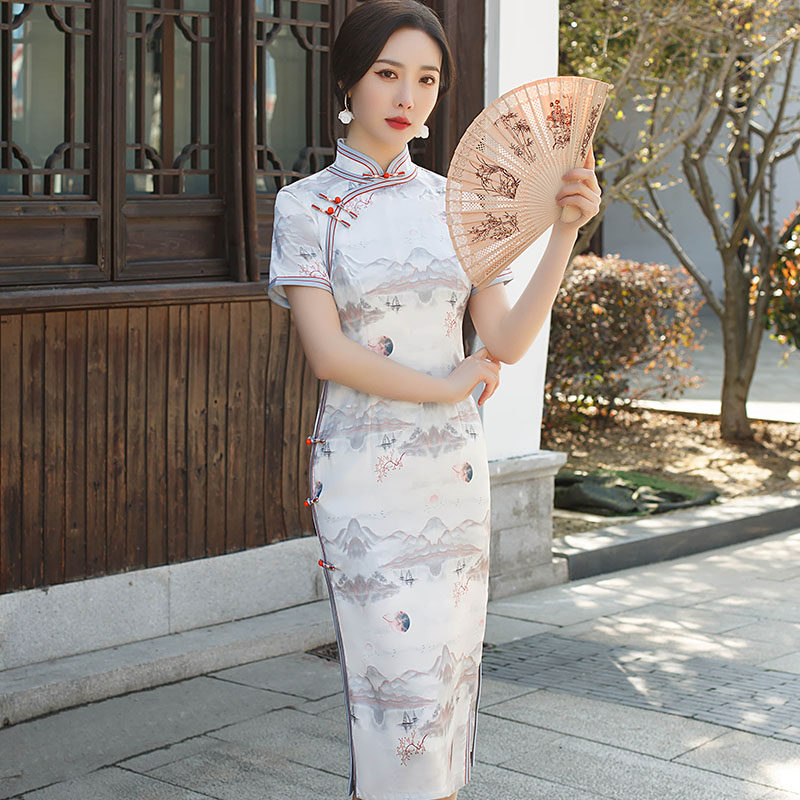 年轻款改良短袖气质优雅中长款旗袍夏款2021年新款影楼写真大码夏