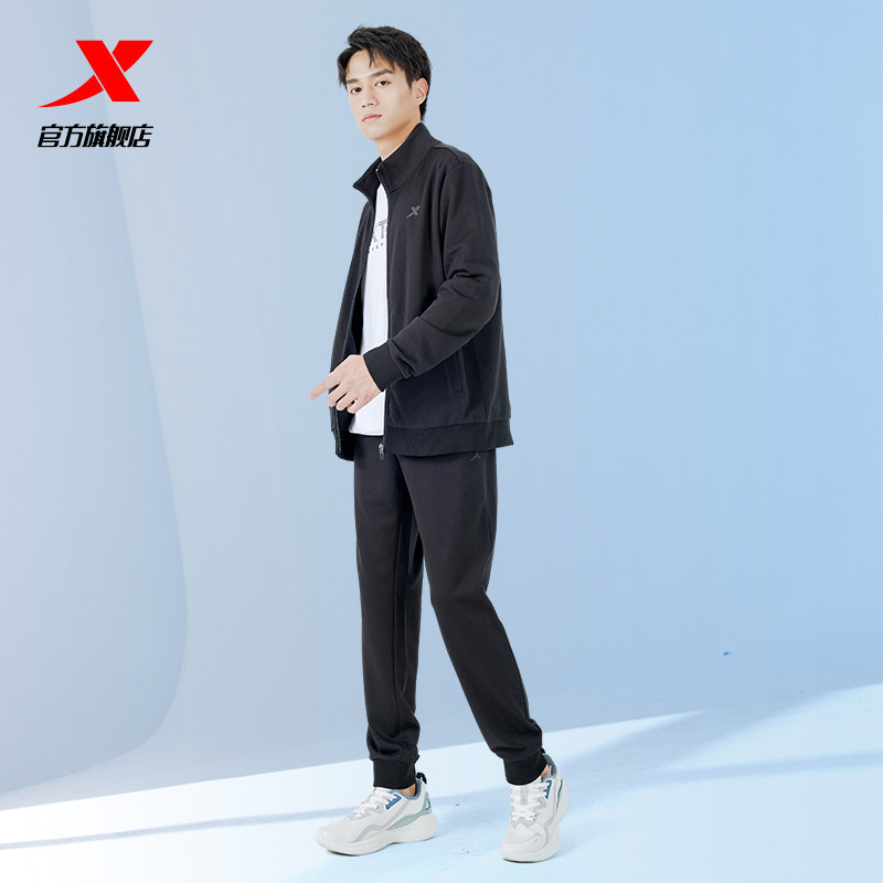 特步运动套装男2021秋季新款男装运动服宽松开衫卫衣长裤休闲套装