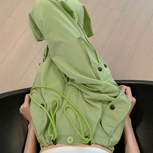 绿色工装裤女春秋2023新款高腰休闲阔腿hiphop美式夏季速干运动裤