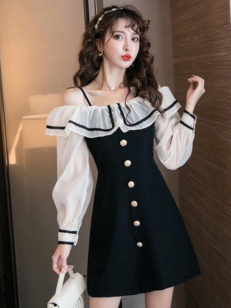 法国小众一字肩性感小礼服裙 时尚名媛女裙宴会裙收腰显瘦年会裙