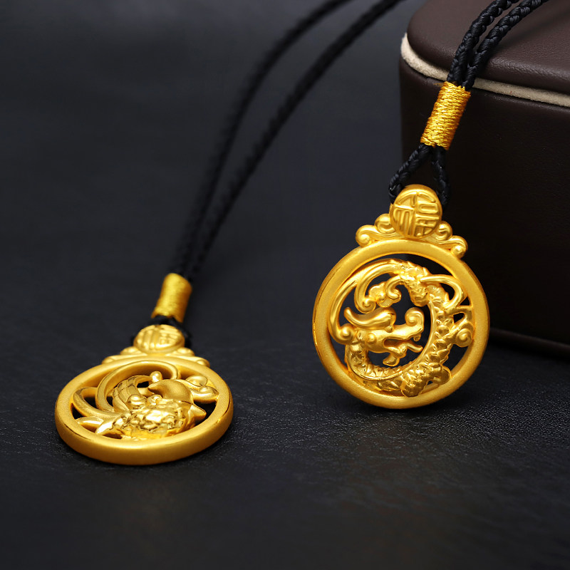 黄金龙凤呈祥情侣吊坠3d硬金凤凰项链999足金男女款纯金龙牌挂坠