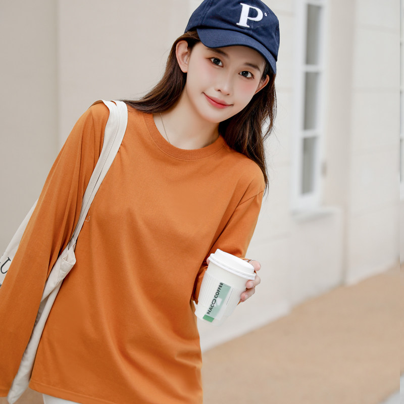 暖橙色t恤女长袖早秋正肩百搭薄款上衣百搭精梳棉姜黄色打底小衫