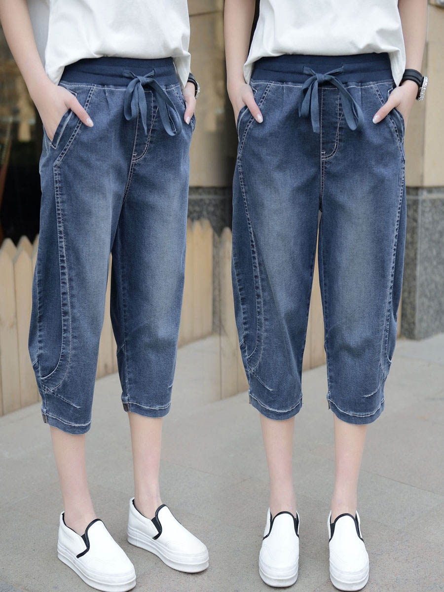 牛仔七分裤宽松夏季松紧腰胖mm中裤