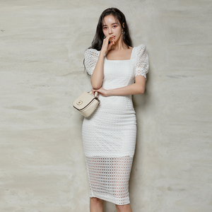 2021 Korean summer style square neck retro lace slim slim short sleeved dress one-step skirt