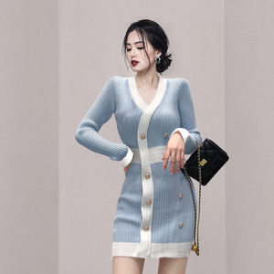 Small fragrance color contrast V-neck knitted dress women's winter Korean style slim slim bottomed short skirt