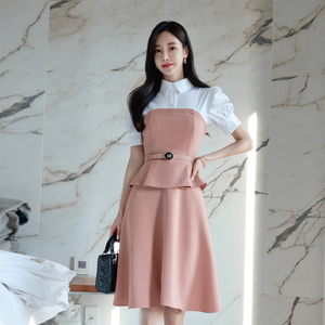 2022 spring temperament Lapel small fragrance Korean version contrast color splicing shirt slim dress women