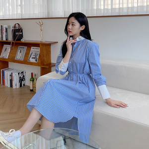 2022 spring new Korean bandage stripe slim fit casual fashion lazy wind long shirt skirt