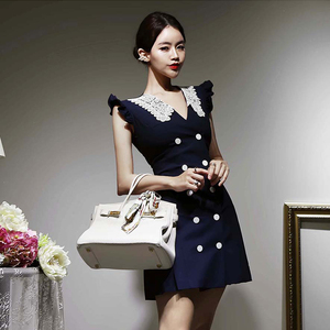 2021 Korean style slim lace Lapel double row button suit short sleeve waist closing slim skirt