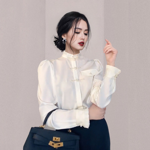 2022 spring new stand collar fungus edge white shirt bubble trumpet sleeve Princess Satin top