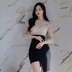 2022 Korean spring temperament round neck long sleeve lace splicing slim irregular Hip Wrap Dress