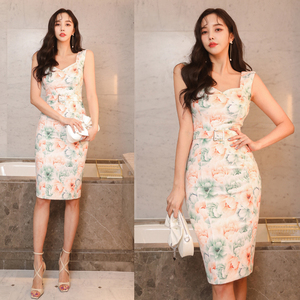 2022 spring new Korean medium and long print temperament slim wrap hip fashion celebrity dress