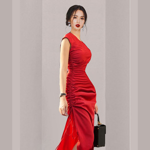 Spring 2022 new Satin red crew neck sleeveless side slit pleated drawstring high waist temperament dress