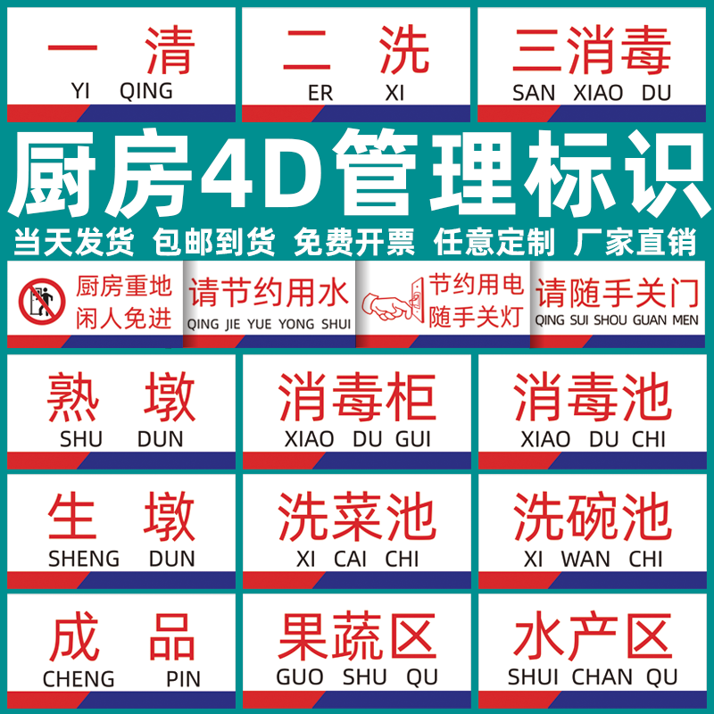 厨房标识牌一清二洗三消毒饭店卫生管理检查标示牌食堂分区牌定制