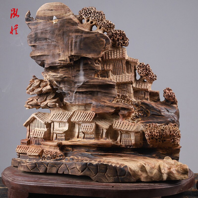 泓忆香樟木锦绣家园倒流香纯手工雕刻红木工艺品木雕礼品收藏品