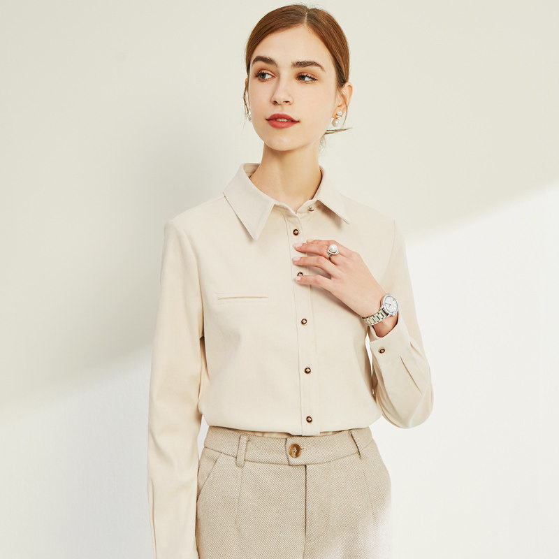 杏色磨毛衬衫女长袖春秋设计感小众加厚衬衣洋气时尚复古港味上衣
