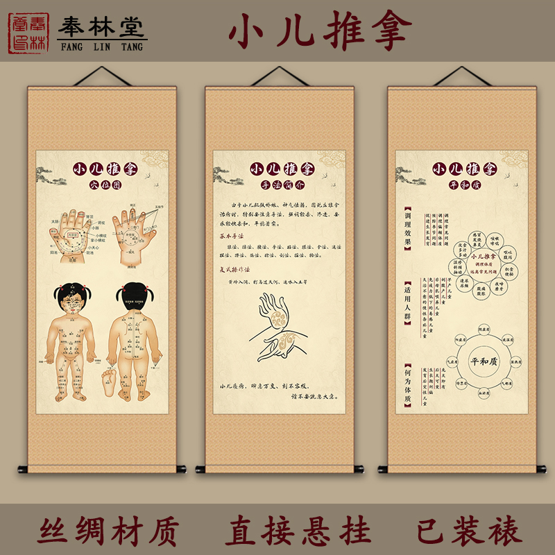 中医养生字画小儿推拿穴位图养生馆会所医院丝绸挂画装饰画已装裱