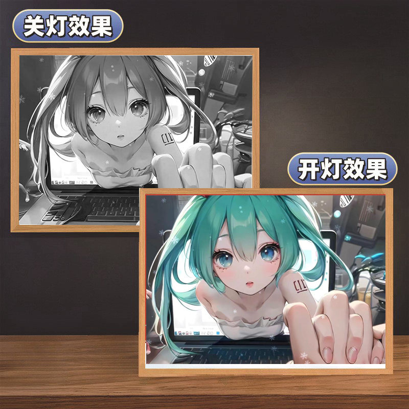 初音未来ins灯光画小夜灯镜子镜面床头灯光画创意led定制生日礼物