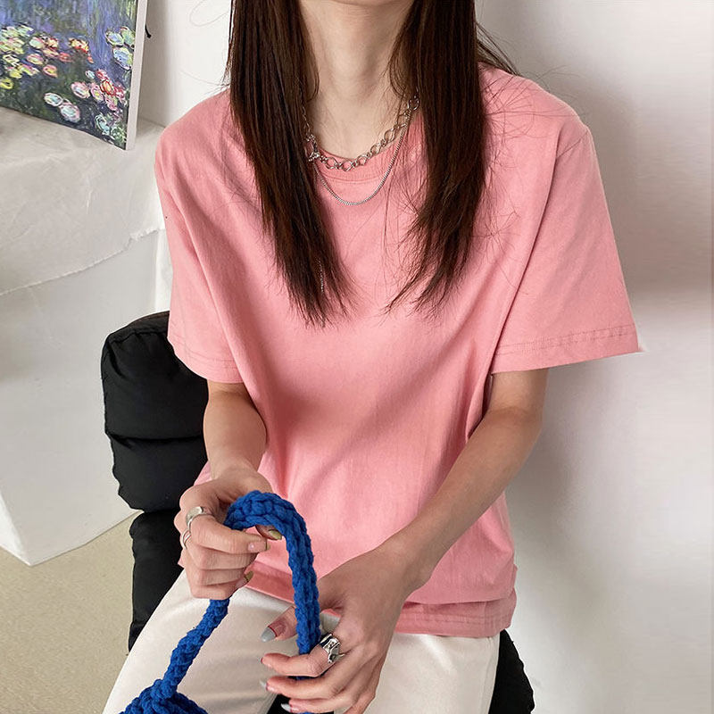 脏脏粉色t恤女短袖夏微胖正肩上衣橡皮粉纯棉纯色打底衫百搭ins潮